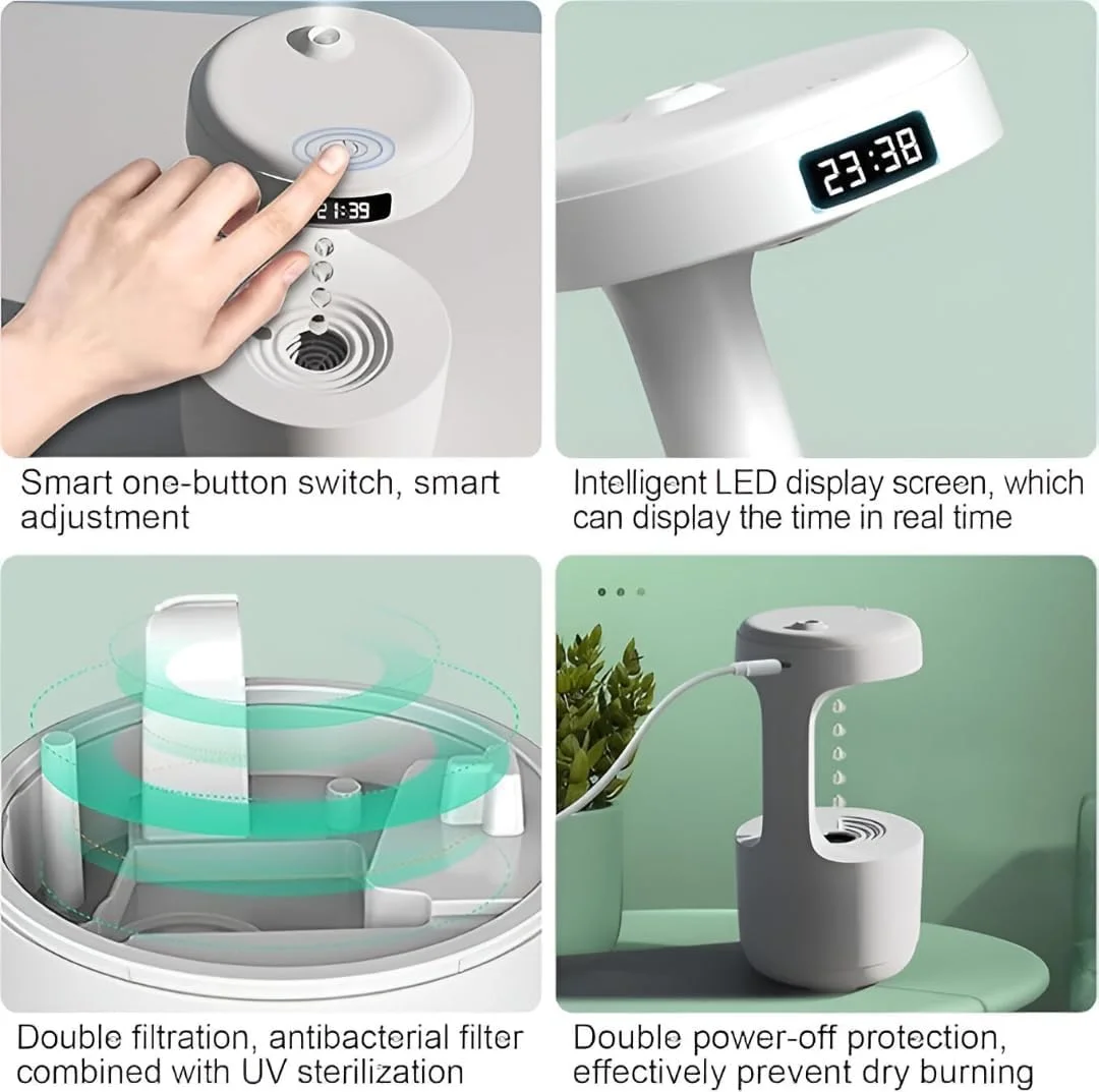 دستگاه بخور ضد جاذبه با قطرات معلق آب و نمایشگر ساعت LED | خاموشی خودکار ایمنی، عملکرد فوق العاده بی صدا مناسب اتاق خواب دستگاه بخور ضد جاذبه با قطرات معلق آب و نمایشگر ساعت LED | خاموشی خودکار ایمنی، عملکرد فوق العاده بی صدا مناسب اتاق خواب