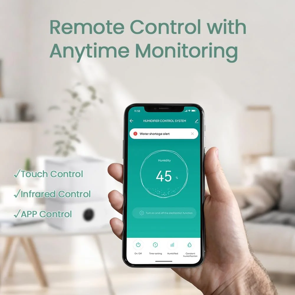 دستگاه بخور هوشمند AMINAC برای اتاق خواب، منزل، اتاق بزرگ، مخزن آب 4 لیتری با قابلیت پر کردن از بالا، دارای پخش کننده اسانس روغنی، 3 سطح مه، رطوبت 45% تا 90%، تایمر 12 ساعته، کنترل IR/لمسی/اپلیکیشن، حالت خواب با چراغ شب