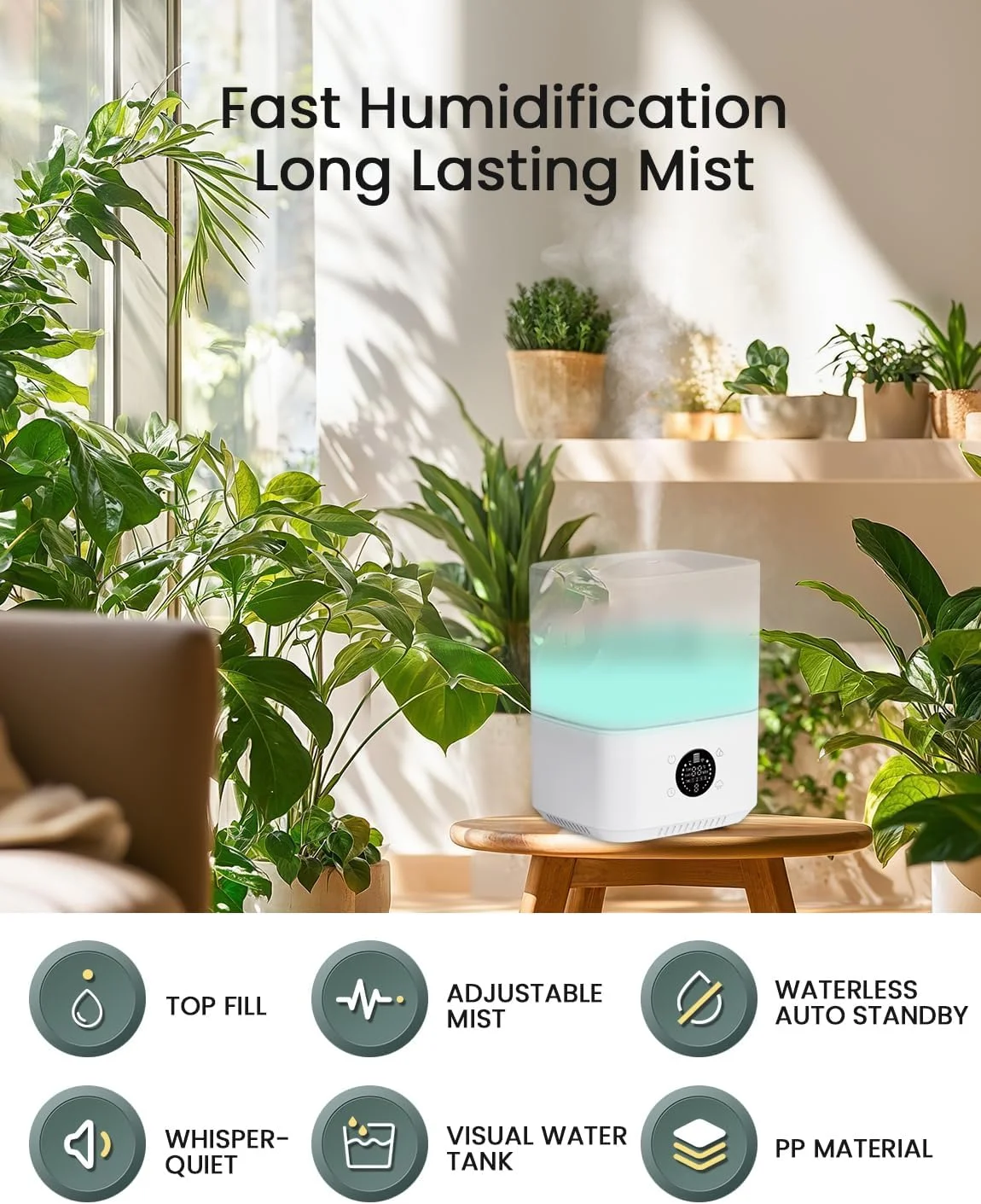 دستگاه بخور هوشمند AMINAC برای اتاق خواب، منزل، اتاق بزرگ، مخزن آب 4 لیتری با قابلیت پر کردن از بالا، دارای پخش کننده اسانس روغنی، 3 سطح مه، رطوبت 45% تا 90%، تایمر 12 ساعته، کنترل IR/لمسی/اپلیکیشن، حالت خواب با چراغ شب