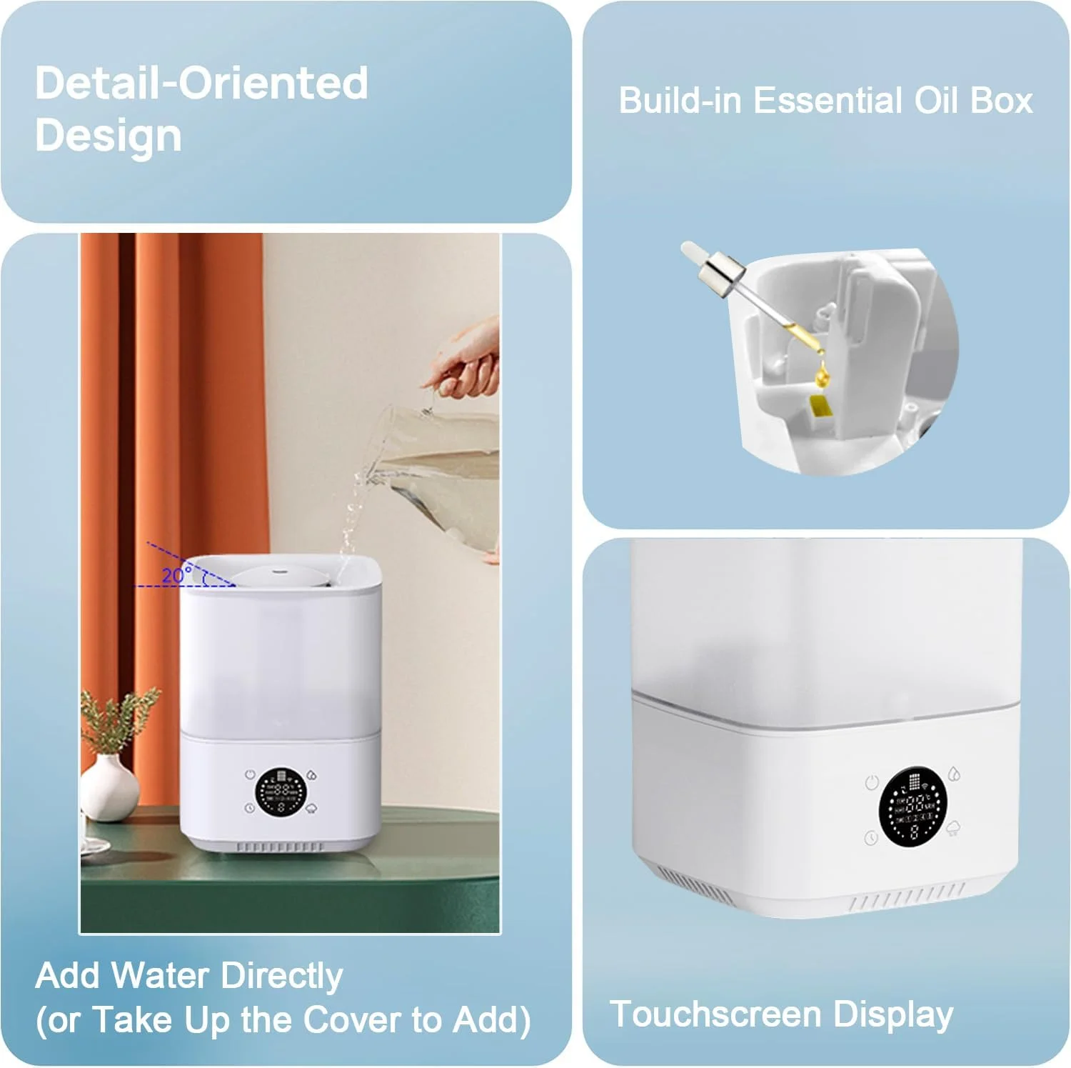 دستگاه بخور هوشمند AMINAC برای اتاق خواب، منزل، اتاق بزرگ، مخزن آب 4 لیتری با قابلیت پر کردن از بالا، دارای پخش کننده اسانس روغنی، 3 سطح مه، رطوبت 45% تا 90%، تایمر 12 ساعته، کنترل IR/لمسی/اپلیکیشن، حالت خواب با چراغ شب