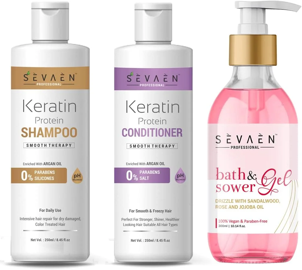 شامپو روزانه کراتین صاف کننده Sevaen و نرم کننده روزانه کراتین صاف کننده به همراه ژل دوش 300 میلی لیتر برای همه (آقایان/بانوان) شامپو روزانه کراتین صاف کننده Sevaen و نرم کننده روزانه کراتین صاف کننده به همراه ژل دوش 300 میلی لیتر برای همه (آقایان/بانوان)