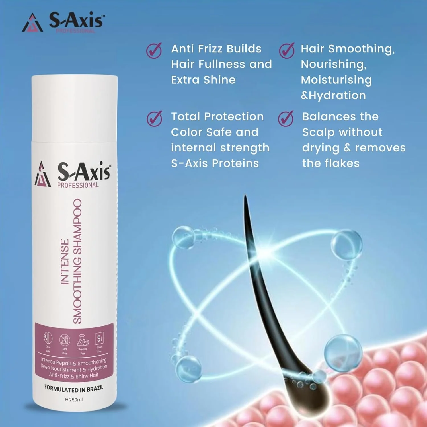 شامپو صاف کننده حرفه ای S-Axis برای صاف کردن، ترمیم، تغذیه، آبرسانی، رفع وز و درخشان کردن مو برای زنان و مردان، بدون سولفات، بدون پارابن - 250 میلی لیتر (بسته 1 عددی)