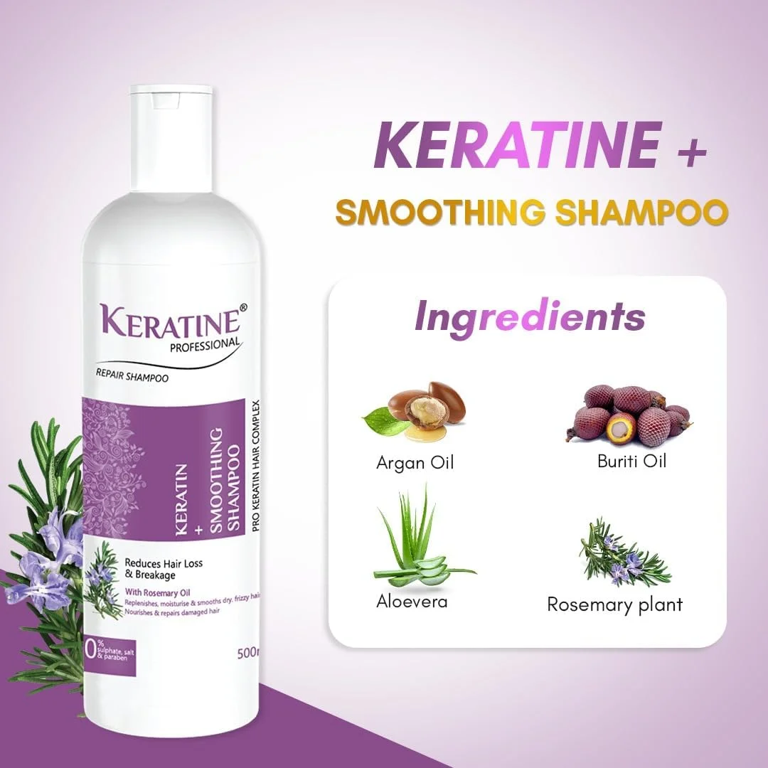 شامپو کراتینه حرفه ای بدون سولفات حاوی روغن رزماری - 500 میلی لیتر مناسب موهای خشک، آسیب دیده و رنگ شده | کاهش ریزش و شکستگی مو | برای موهای بدون وز، براق و خوش حالت