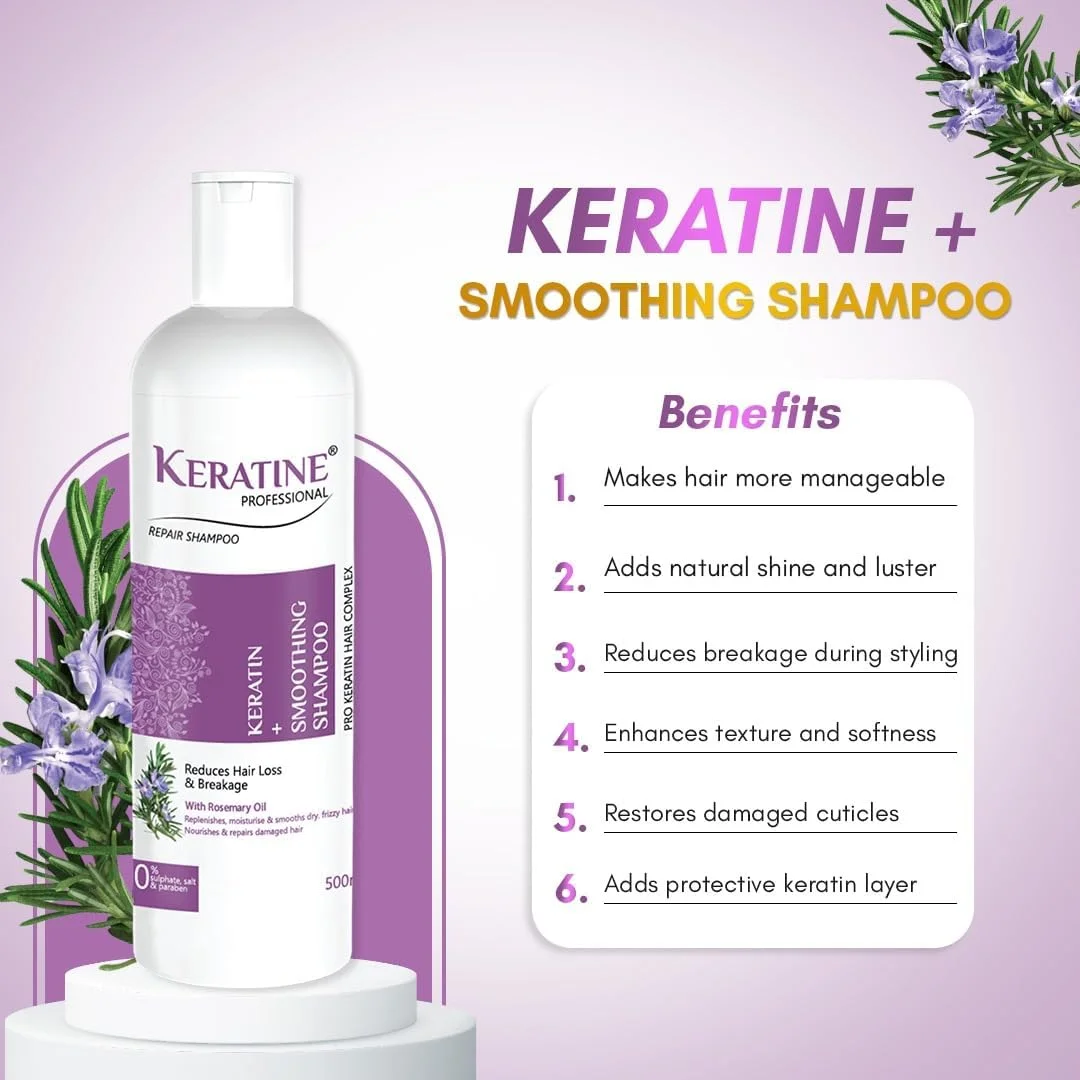 شامپو کراتینه حرفه ای بدون سولفات حاوی روغن رزماری - 500 میلی لیتر مناسب موهای خشک، آسیب دیده و رنگ شده | کاهش ریزش و شکستگی مو | برای موهای بدون وز، براق و خوش حالت