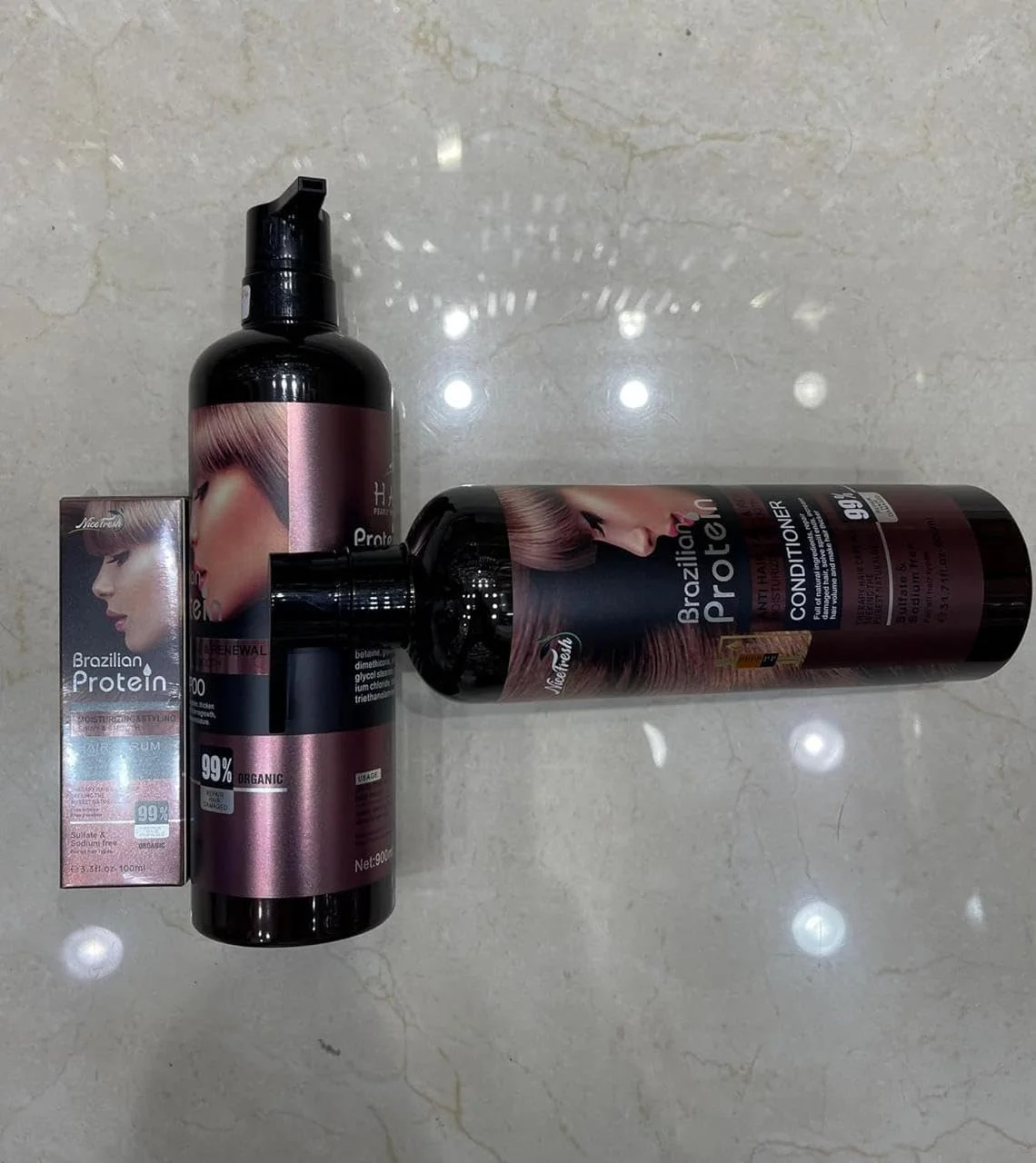 مجموعه مراقبت از مو حاوی پروتئین برزیلی. - ضد ریزش مو و ترمیم آسیب دیده - شامپو، نرم کننده و روغن مرطوب کننده و صاف کننده - فرمول 99% طبیعی، بدون سولفات و سدیم (شامپو/نرم کننده/روغن-3)