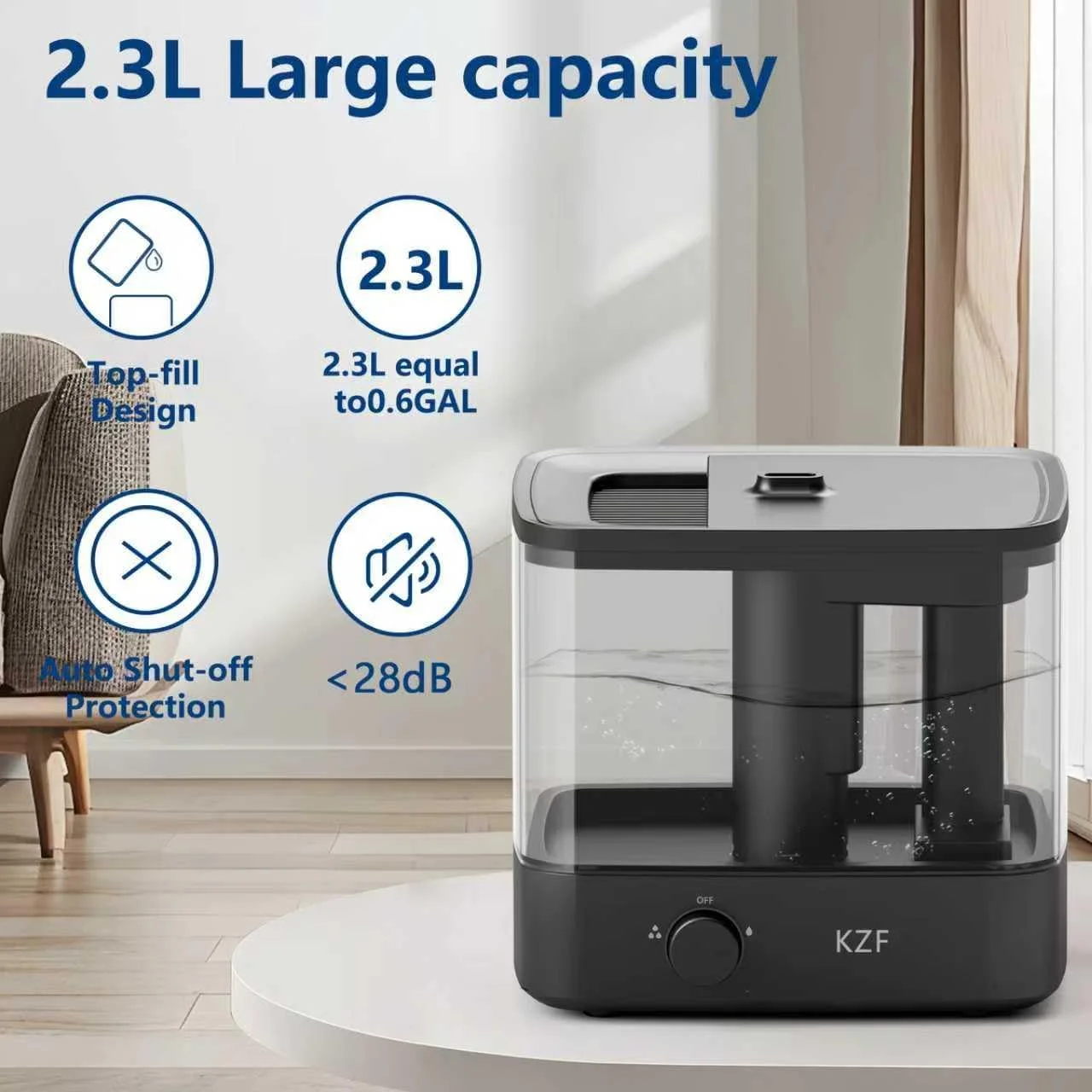 دستگاه بخور سرد 2.2 لیتری با قابلیت پر شدن از بالا - فوق العاده بی صدا، تا 30 ساعت کارکرد، خاموش شدن خودکار، ایده آل برای اتاق خواب، اتاق کودک و گیاهان