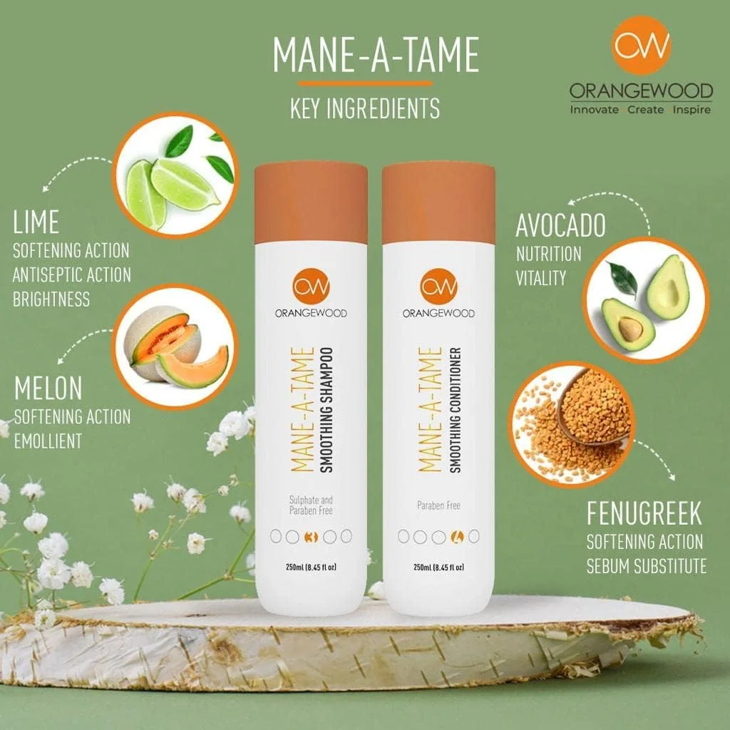 شامپو صاف کننده و احیا کننده مو اورنج وود مدل Mane-A-Tame، غنی شده با پروتئین، ویتامین ها و تغذیه عمقی، بدون سولفات و پارابن، شامپو مغذی مو برای آقایان و بانوان، 1000 میلی لیتر