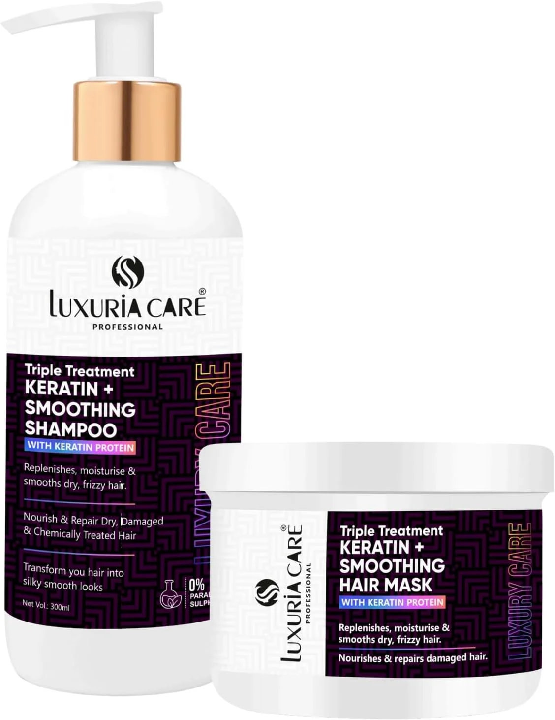 مجموعه شامپو و ماسک کراتین (300 میلی لیتر) | بدون سولفات | غنی شده با پروتئین برنج و ابریشم برای کنترل وز، ترمیم عمقی و موهای صاف و براق مجموعه شامپو و ماسک کراتین (300 میلی لیتر) | بدون سولفات | غنی شده با پروتئین برنج و ابریشم برای کنترل وز، ترمیم عمقی و موهای صاف و براق