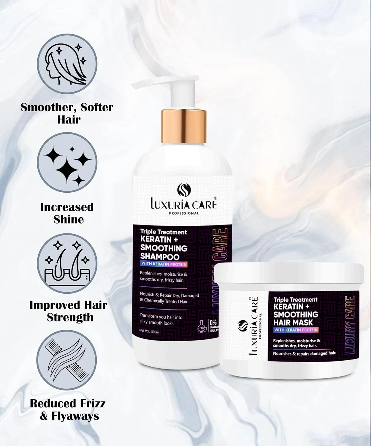 مجموعه شامپو و ماسک کراتین (300 میلی لیتر) | بدون سولفات | غنی شده با پروتئین برنج و ابریشم برای کنترل وز، ترمیم عمقی و موهای صاف و براق مجموعه شامپو و ماسک کراتین (300 میلی لیتر) | بدون سولفات | غنی شده با پروتئین برنج و ابریشم برای کنترل وز، ترمیم عمقی و موهای صاف و براق