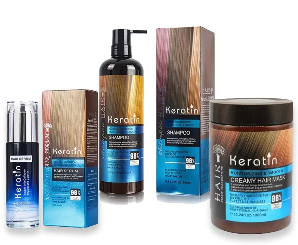 شامپو کراتین مغذی، مرطوب کننده و صاف کننده + سرم مو + ماسک کرمی شامپو کراتین مغذی، مرطوب کننده و صاف کننده + سرم مو + ماسک کرمی