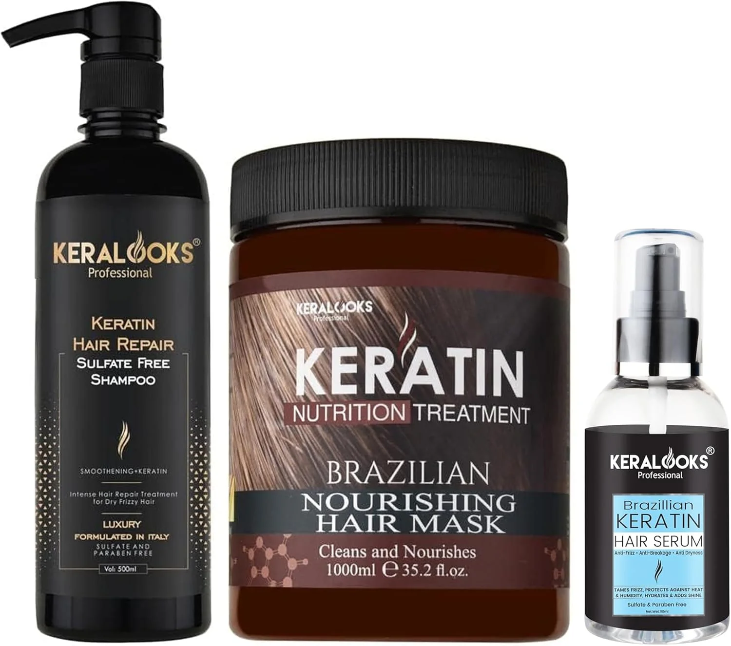 شامپو کراتین ترمیم کننده بدون سولفات حرفه ای Keralooks (۵۰۰ میلی لیتر)، ماسک مو برزیلی (۱۰۰۰ میلی لیتر) به همراه سرم مو مخصوص سالن (۱۰۰ میلی لیتر) | مناسب موهای صاف و درمان شده با مواد شیمیایی. شامپو کراتین ترمیم کننده بدون سولفات حرفه ای Keralooks (۵۰۰ میلی لیتر)، ماسک مو برزیلی (۱۰۰۰ میلی لیتر) به همراه سرم مو مخصوص سالن (۱۰۰ میلی لیتر) | مناسب موهای صاف و درمان شده با مواد شیمیایی.
