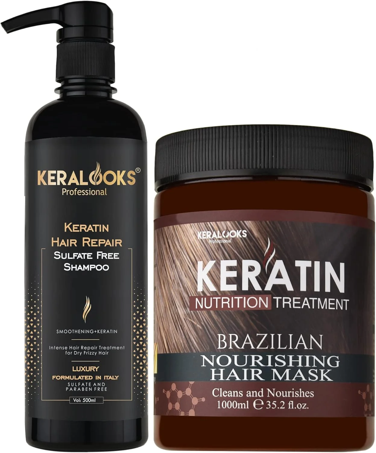 شامپو بدون سولفات ترمیم کننده کراتین حرفه ای Keralooks حجم 500 میلی لیتر | ماسک مو مغذی کراتین برزیلی 1000 میلی لیتر (بسته ترکیبی) شامپو بدون سولفات ترمیم کننده کراتین حرفه ای Keralooks حجم 500 میلی لیتر | ماسک مو مغذی کراتین برزیلی 1000 میلی لیتر (بسته ترکیبی)
