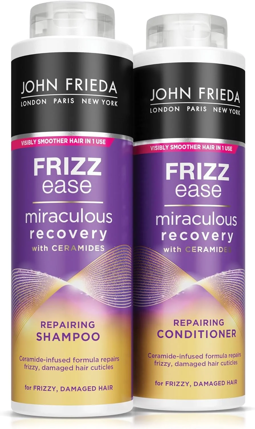 مجموعه شامپو و نرم کننده ترمیم کننده موهای آسیب دیده جان فریدا مدل Frizz Ease Miraculous Recovery، 2 عدد 500 میلی لیتر، مناسب موهای خشک و آسیب دیده
