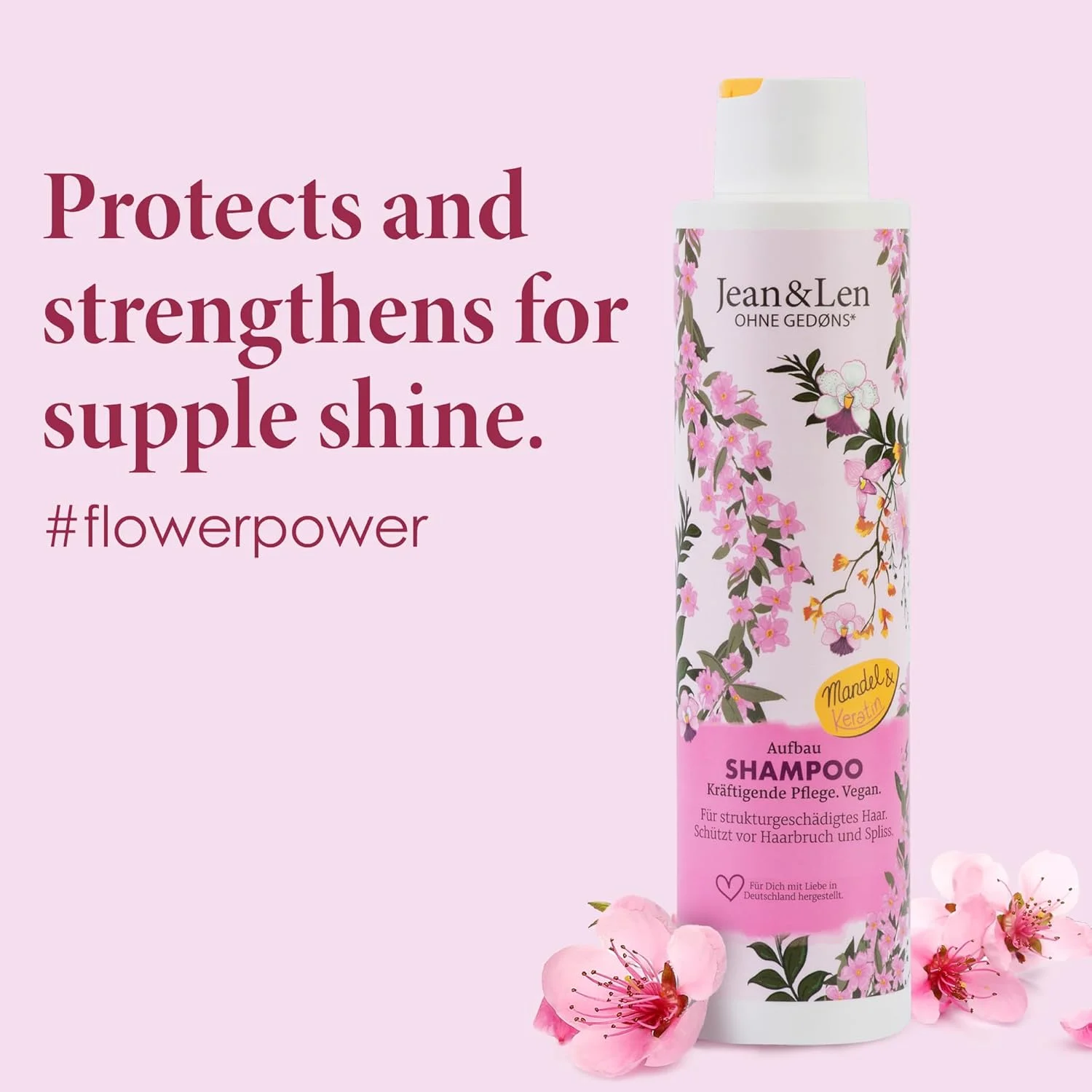 شامپو بازسازی کننده مو ژان اند لن، بادام و کراتین، برای موهای آسیب دیده، محافظت در برابر شکستگی مو و موخوره، کنترل وز مو، شامپو بدون سیلیکون و پارابن، وگان، 300 میلی لیتر