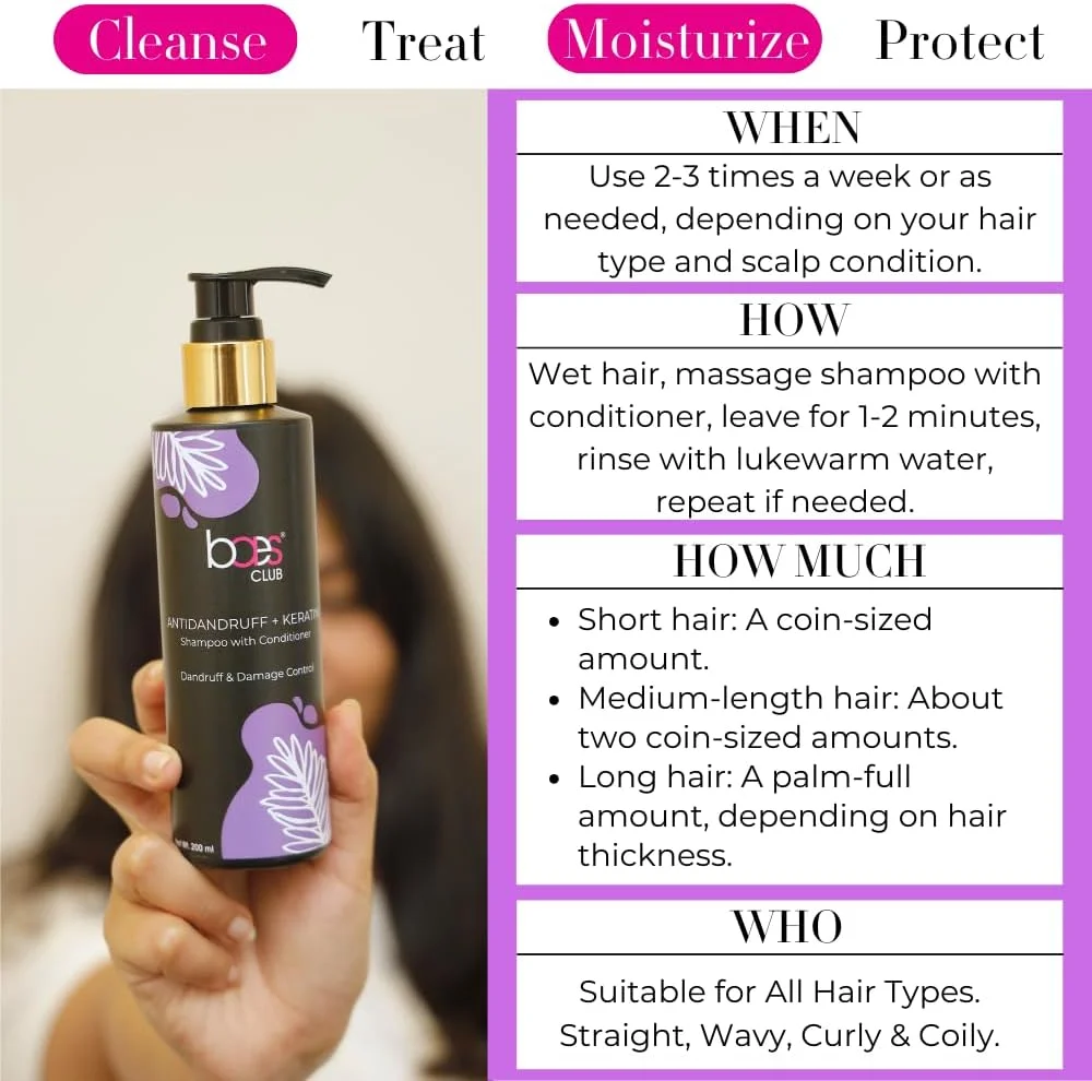 شامپو ضد شوره + کراتین Baes Club همراه با نرم کننده - 200 میلی لیتر | از بین برنده شوره سر و صاف کننده مو | 100% گیاهی، فاقد پارابن و فاقد صابون