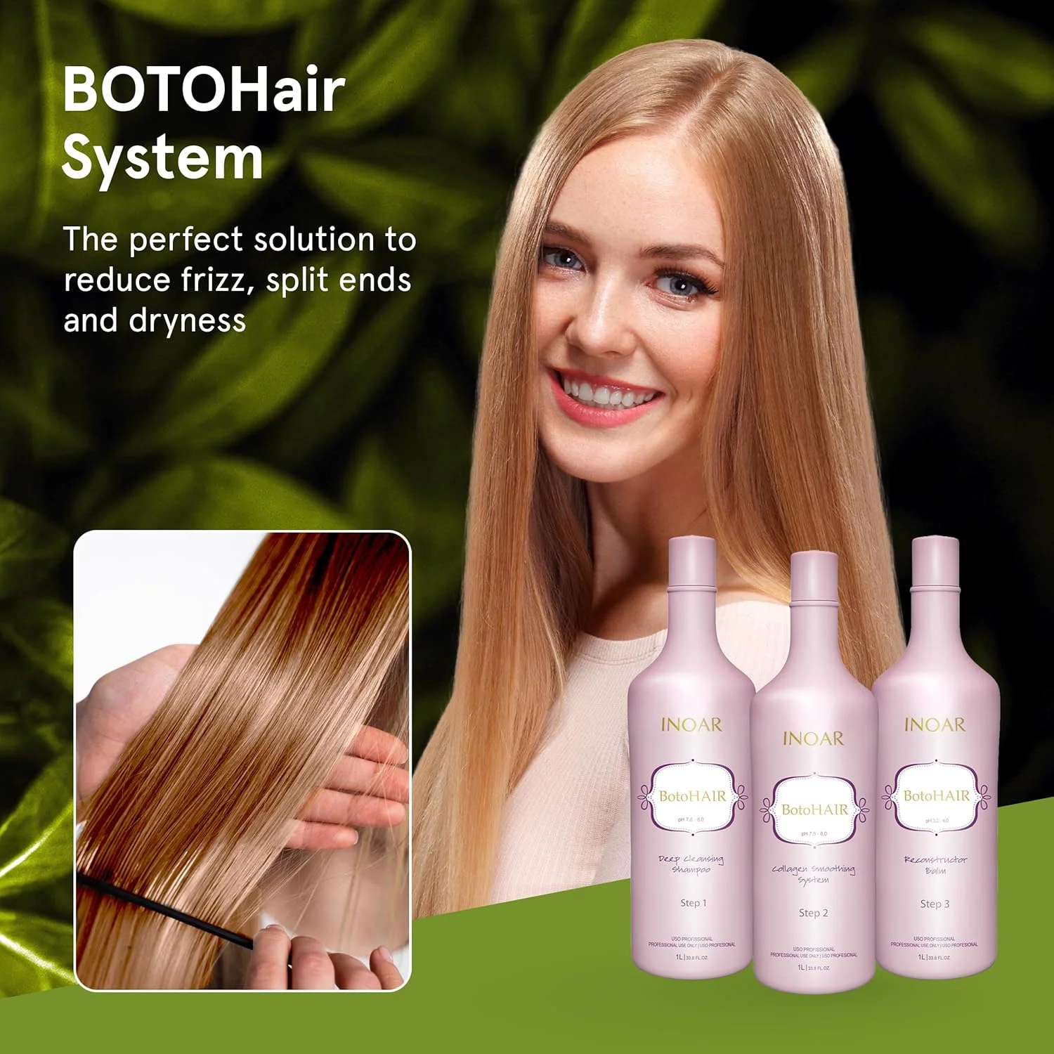 سیستم صاف کننده کلاژن مو اینوآر بوتو هیر با کراتین، شامپو پاک کننده عمیق، سیستم صاف کننده کلاژن و بالم بازسازی کننده، 1000 میلی لیتر سیستم صاف کننده کلاژن مو اینوآر بوتو هیر با کراتین، شامپو پاک کننده عمیق، سیستم صاف کننده کلاژن و بالم بازسازی کننده، 1000 میلی لیتر