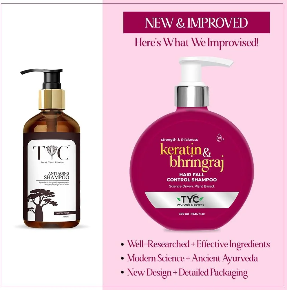 شامپو ضد پیری و ترمیم کننده مو و ضد ریزش مو TYC | شامپو کنترل آسیب مو برای آقایان و بانوان | شامپو طبیعی گیاهی آکوا و پروتئین بائوباب | بدون سولفات، بدون سیلیکون، بدون پارابن - 300 میلی لیتر