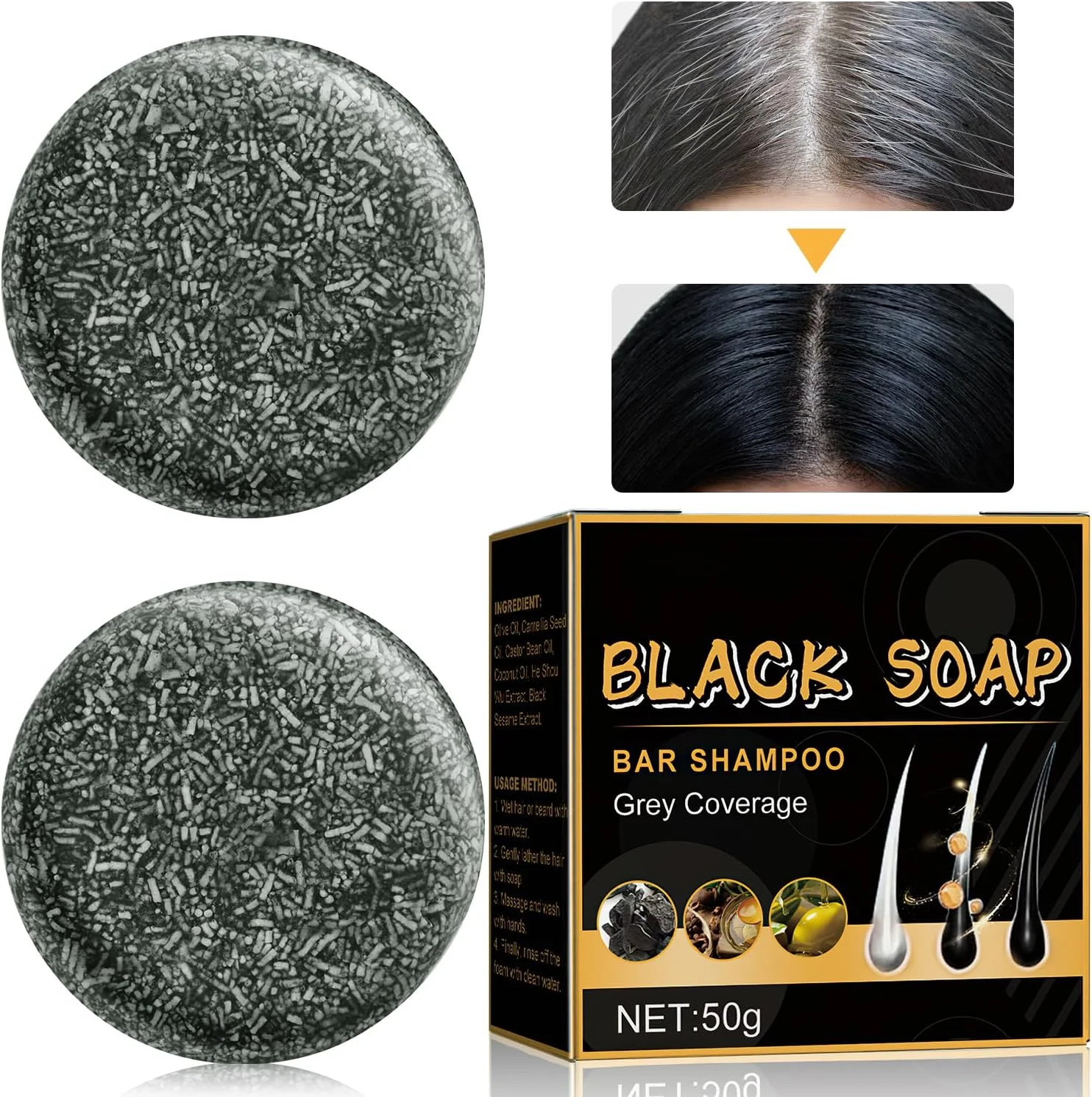 صابون شامپو رنگ موی مشکی TPTAL، پوشش دهنده موهای سفید، صابون شامپو تیره کننده موی طبیعی برای پوشش موهای سفید، صابون شامپو موی مشکی سریع و طبیعی (2 عدد)