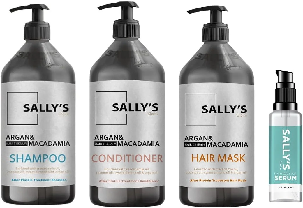 مجموعه مراقبت از مو سالی'ز چویس حاوی روغن آرگان مراکشی و روغن ماکادمیا، شامپو 750 میلی لیتر، نرم کننده 750 میلی لیتر، ماسک مو 750 میلی لیتر و سرم احیا کننده مو 120 میلی لیتر