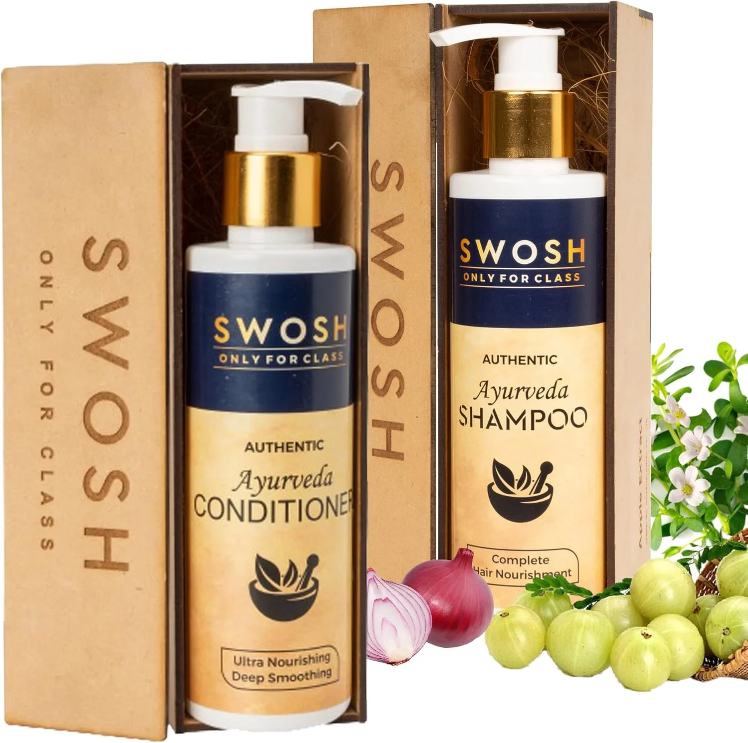 مجموعه شامپو و نرم کننده موی آیورودیک SWOSH، شامپو آملا و پیاز قرمز 200 میلی لیتر + نرم کننده مو 200 میلی لیتر | ضد ریزش مو، ضد وز و گره خوردگی، ترمیم کننده آسیب دیدگی و موخوره - فاقد SLS و پارابن