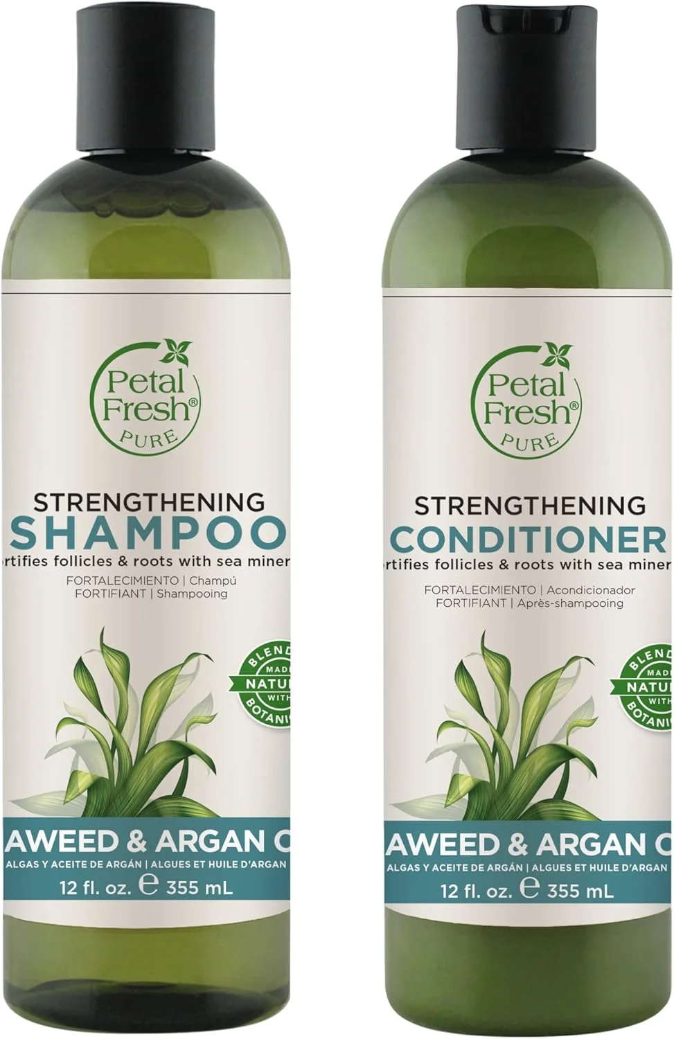 شامپو و نرم کننده تقویت کننده جلبک دریایی و روغن آرگان پتال فرش پیور | برای موهای آسیب دیده | بدون سولفات، پارابن و سیلیکون | 100% وگان و بدون تست حیوانی 355 * 2 میلی لیتر