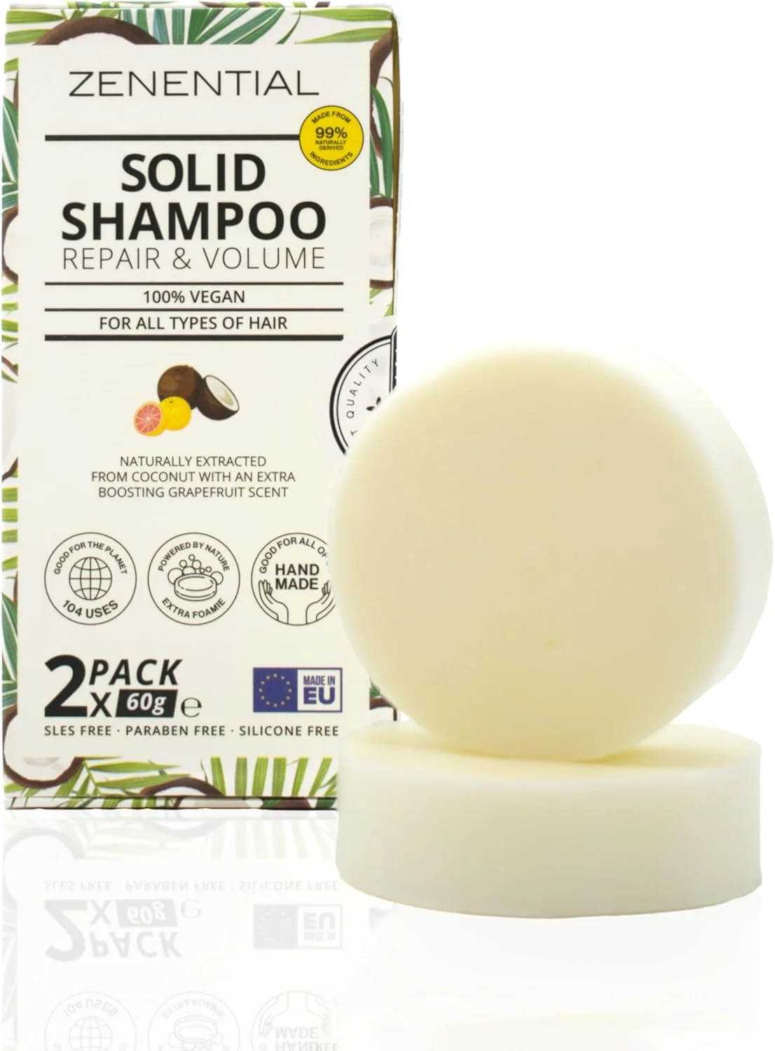 شامپو جامد، بسته 2 عددی 60 گرمی - ترمیم و حجم دهنده - برای انواع مو - 100% وگان و زیست تخریب پذیر. بدون سولفات و پارابن - توسط Zenential