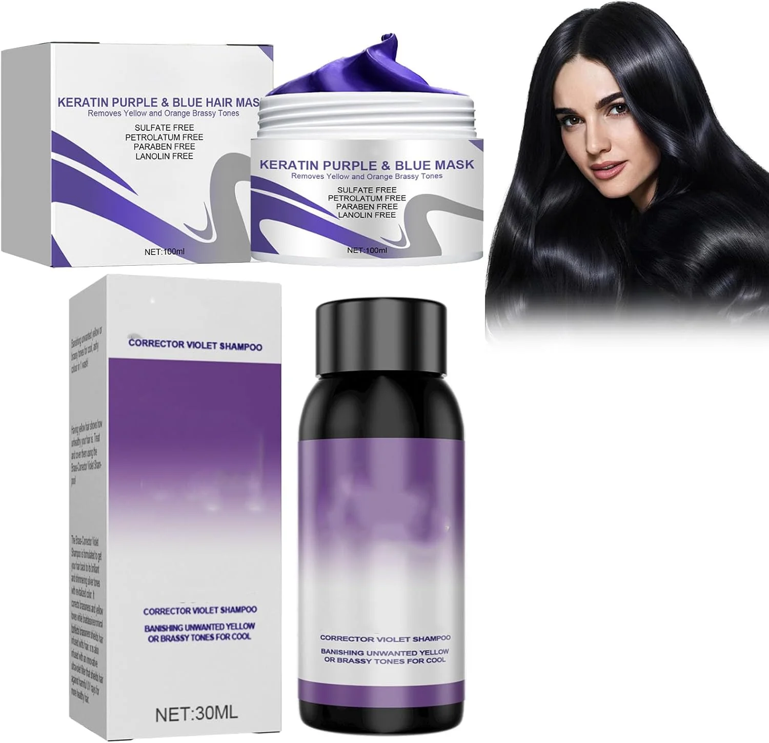 شامپو نقره ای + ماسک مو، حاوی رنگدانه های بنفش، برای موهای بلوند و خاکستری جهت خنثی سازی زردی، آبرسان