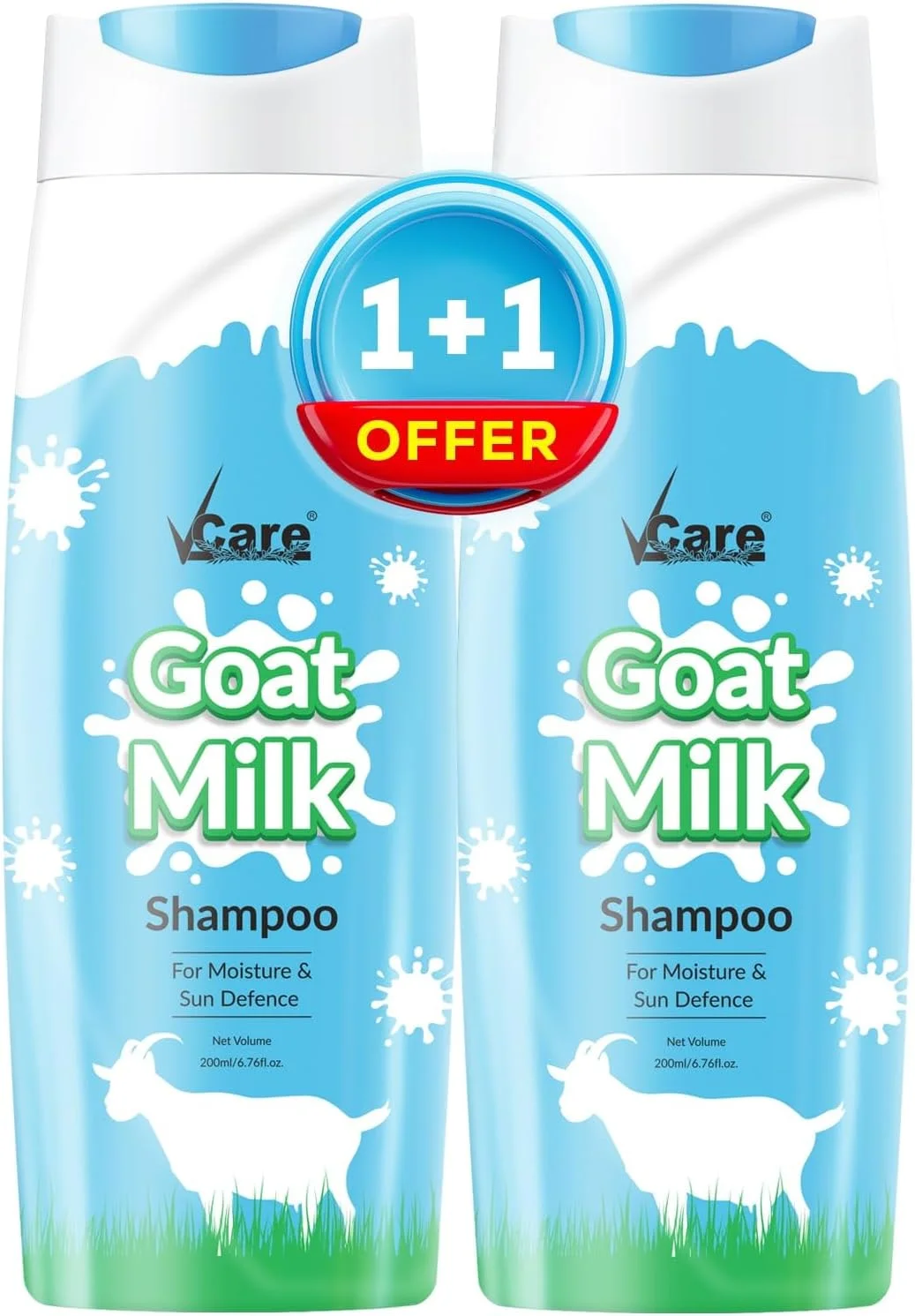 شامپو شیر بز Vcare | مناسب برای انواع موها، مغذی برای موهای خشک و آسیب دیده | ماندگاری طولانی | بدون مواد شیمیایی مضر | 200 میلی لیتر، یک عدد بخر، یک عدد رایگان ببر