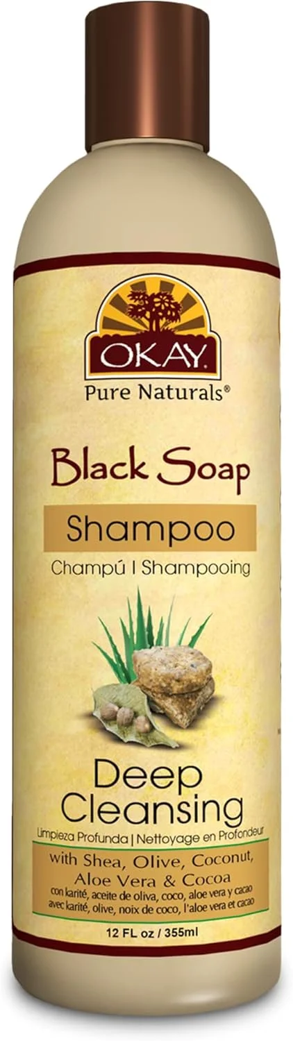 شامپو صابون سیاه OKAY | برای انواع مو | پاک کننده، مغذی و آبرسان مو | حاوی شی باتر، زیتون، نارگیل، آلوئه ورا و کاکائو | فاقد پارابن، سیلیکون و سولفات | 355 میلی لیتر