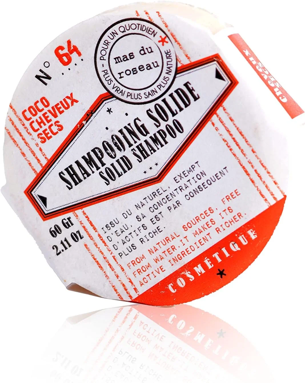 شامپو بار جامد MAS DU ROSEAU (نارگیل) / شامپو بار طبیعی برای موهای خشک، بدون پلاستیک، ساخته شده با مواد سازگار با محیط زیست، بدون عطر، ساخت فرانسه، 70 گرم