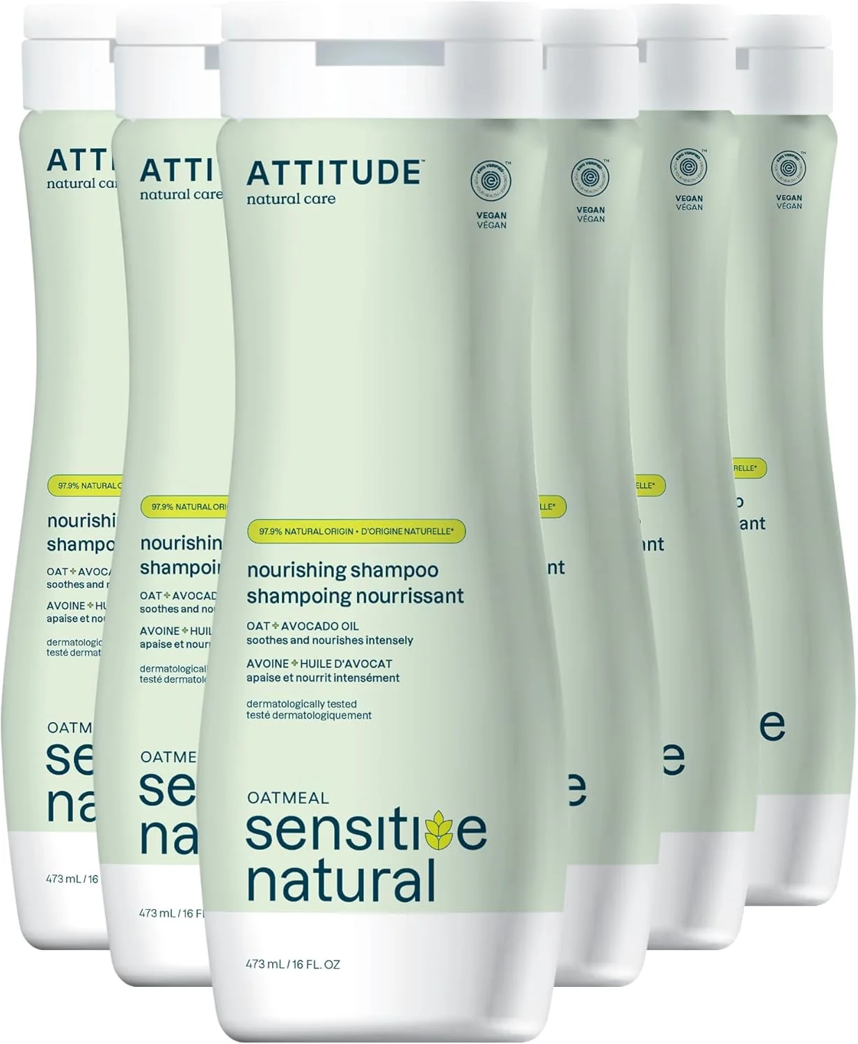 شامپو مو آتتیود برای پوست سر خشک و حساس، تایید شده توسط EWG، جو دوسر تسکین دهنده، مناسب موهای خشک و آسیب دیده، مواد تشکیل دهنده مشتق شده طبیعی، وگان و گیاهی، مغذی، روغن آووکادو، 473 میلی لیتر (بسته 6 عددی)