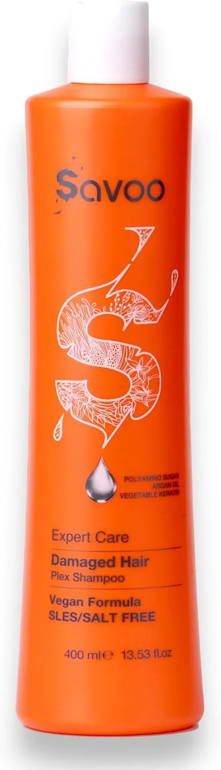 شامپو وگان SAVOO برای موهای آسیب دیده - 400 میلی لیتر | ترمیم و احیا با کراتین گیاهی، روغن آرگان و پلی آمینو شوگر | فرمولاسیون بدون سولفات، گیاهی و تغذیه کننده عمیق