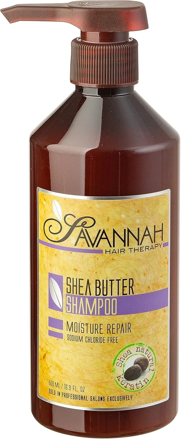شامپو تراپی موی ساوانا با شی باتر و کراتین - بدون سولفات برای موهای خشک، آسیب دیده و رنگ شده - مرطوب کننده عمیق و کنترل کننده وز با ویتامین های A، B6، E - 500 میلی لیتر