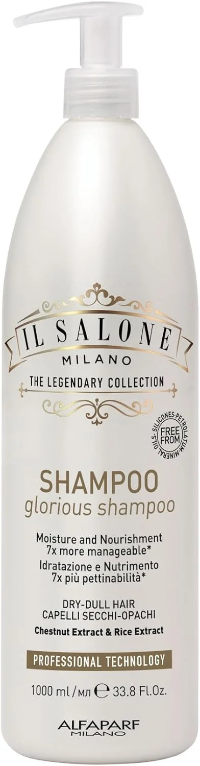 شامپو مرطوب کننده موهای خشک Il Salone Milano Glorious - درخشش و نرمی را به موهای کدر می افزاید - ترمیم و محافظت می کند - شامپو آبرسان حرفه ای - ساخت ایتالیا - وگان (1000 میلی لیتر)