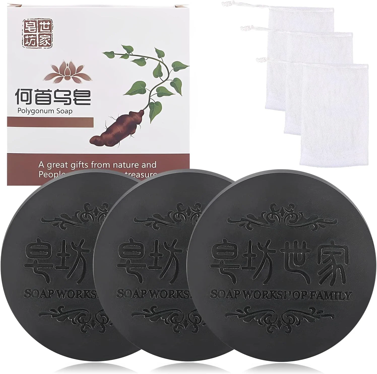 شامپو بار ردنُو مشکی و ضخیم کننده مو، صابون فالیوپا مولتی فلورا، صابون پلی گونوم به همراه تور کف ساز، شامپو حاوی عصاره شو وو، پاک کننده عمقی پوست سر، ارگانیک، مرطوب کننده و ترمیم کننده آسیب مو (3 عدد)