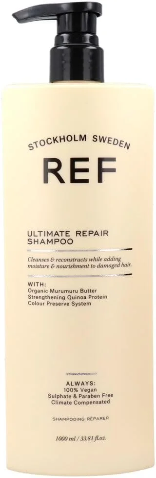 شامپو ترمیم کننده نهایی رفرنس آف سوئد 1000 میلی لیتر، شامپو بدون سولفات با عصاره های گیاهی که به طور ویژه برای محافظت، تقویت و بازسازی موهای خشک و آسیب دیده انتخاب شده است.