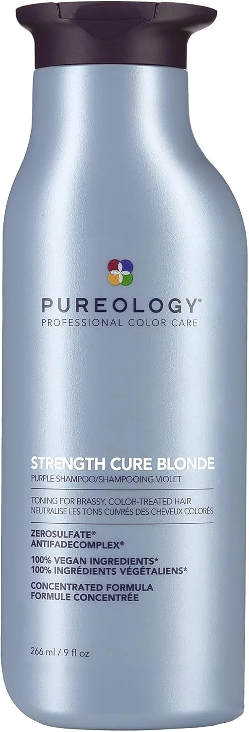 شامپو بنفش پیورولوژی Strength Cure Blonde، ترمیم و متعادل کننده رنگ موهای بلوند مسی، فرمولاسیون وگان، بدون سولفات برای پاکسازی ملایم