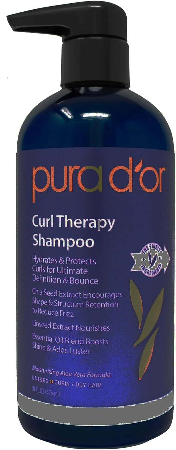 شامپو تراپی فر PURA D'OR برای موهای فر، موج دار یا وز، بهبود درخشندگی، حالت دهی و انعطاف پذیری، فرمول ملایم بدون سولفات غنی شده با مواد طبیعی و ارگانیک، برای آقایان و بانوان، 473 میلی لیتر
