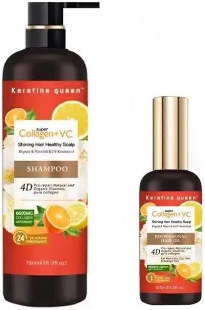 پروتئین کوئین کراتین سوپر کلاژن + VC براق کننده 4D، ترمیم و تغذیه کننده پوست سر و مقاوم در برابر اشعه ماوراء بنفش، شامپو و روغن/سرم زیبایی