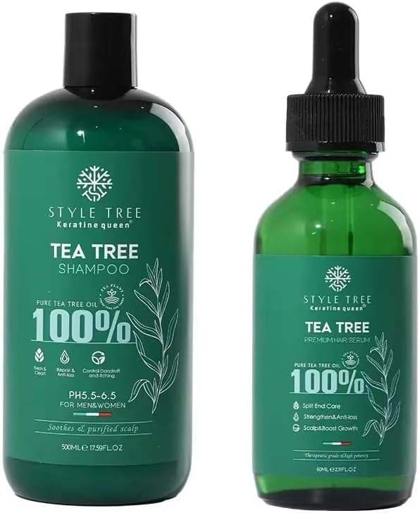 ست کامل شامپو، نرم کننده، ماسک مو و روغن سرم درخت چای غنی و 100% طبیعی و ارگانیک Protein Queen Keratine Style Tree، تسکین دهنده و پاک کننده پوست سر (4 تکه) (شامپو/روغن)