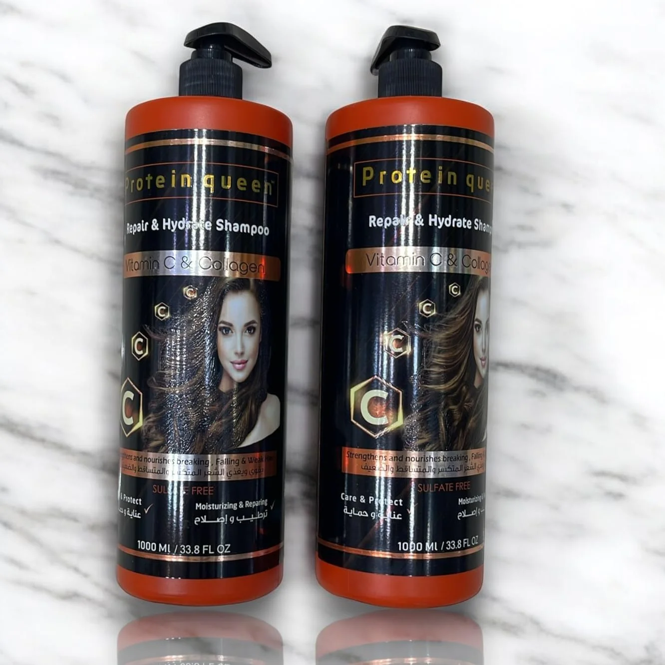 شامپو ترمیم کننده و آبرسان پروتئین کوئین حاوی ویتامین C و کلاژن، تقویت کننده و مغذی موهای شکننده، بدون سولفات، 1000 میلی لیتر در بسته 2 عددی
