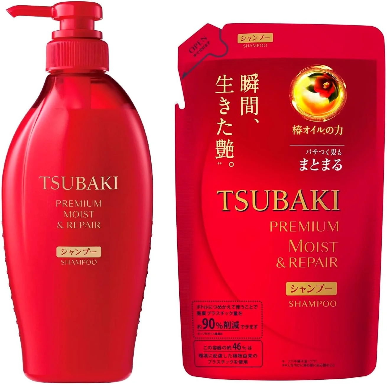 شامپو ترمیم کننده و مرطوب کننده پریمیوم برای موهای آسیب دیده Tsubaki حجم 450 میلی لیتر و بسته پر کننده 300 میلی لیتری