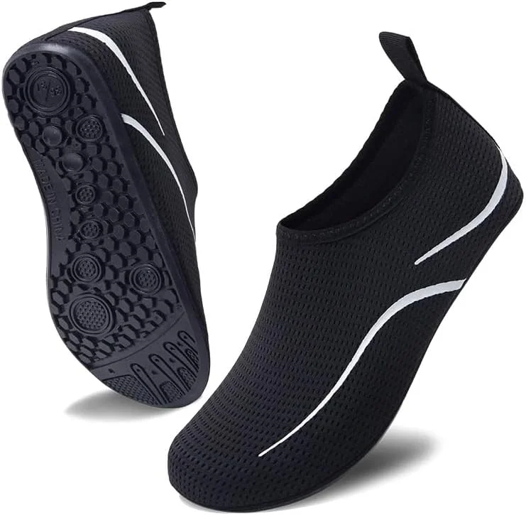 کفش‌های آبی унисекс، جوراب‌های аква سریع خشک‌شونده و پابرهنه برای شنا، مناسب برای مردان و زنان، کفش‌های آبی مناسب برای مردان و زنان، جوراب‌های аква مناسب برای شنا و ساحل، کفش‌های زنانه و مردانه مناسب برای موج‌سواری در فضای باز، یوگا و ورزش (K10-مشکی، سایز کفش США)