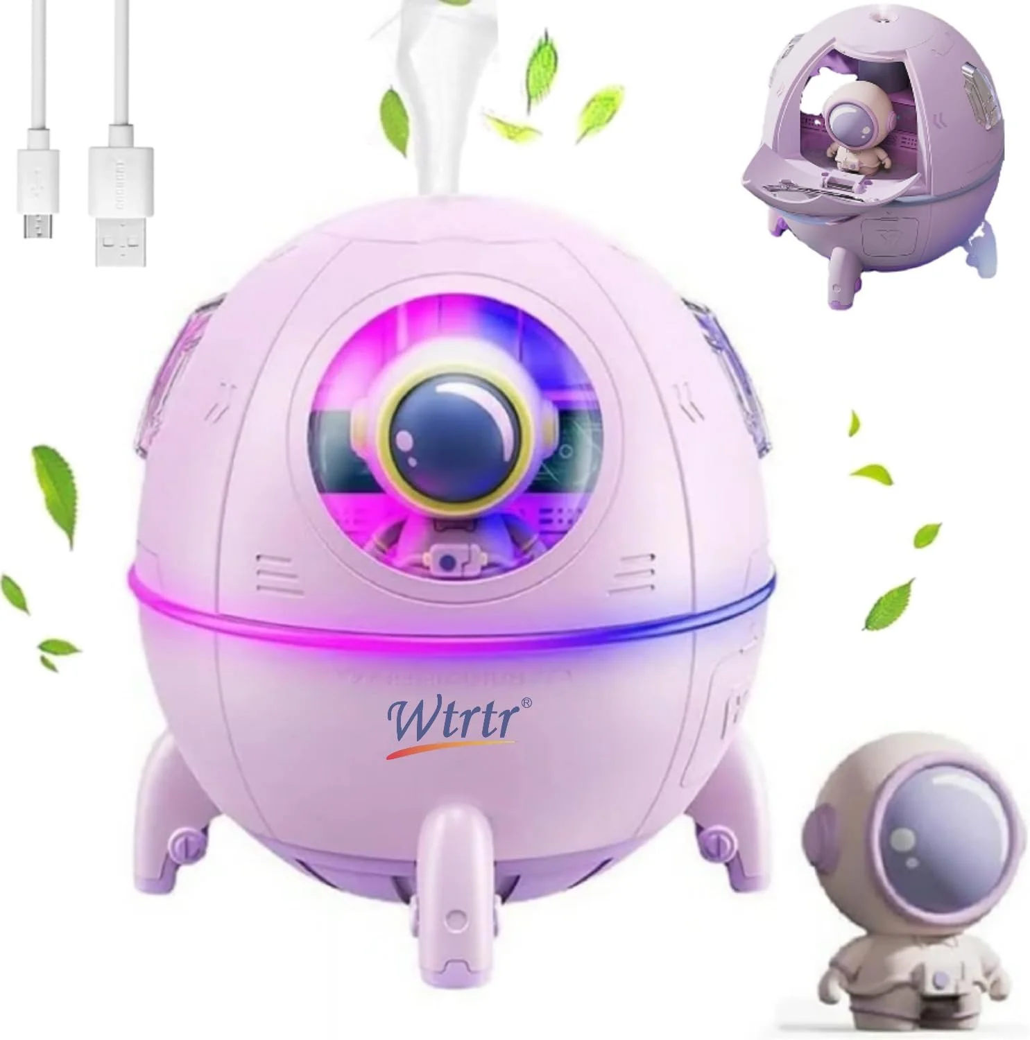 دستگاه بخور سرد Wtrtr مدل کپسول فضایی، 220 میلی لیتر USB اولتراسونیک بی صدا مناسب اتاق خواب کودک (بنفش)