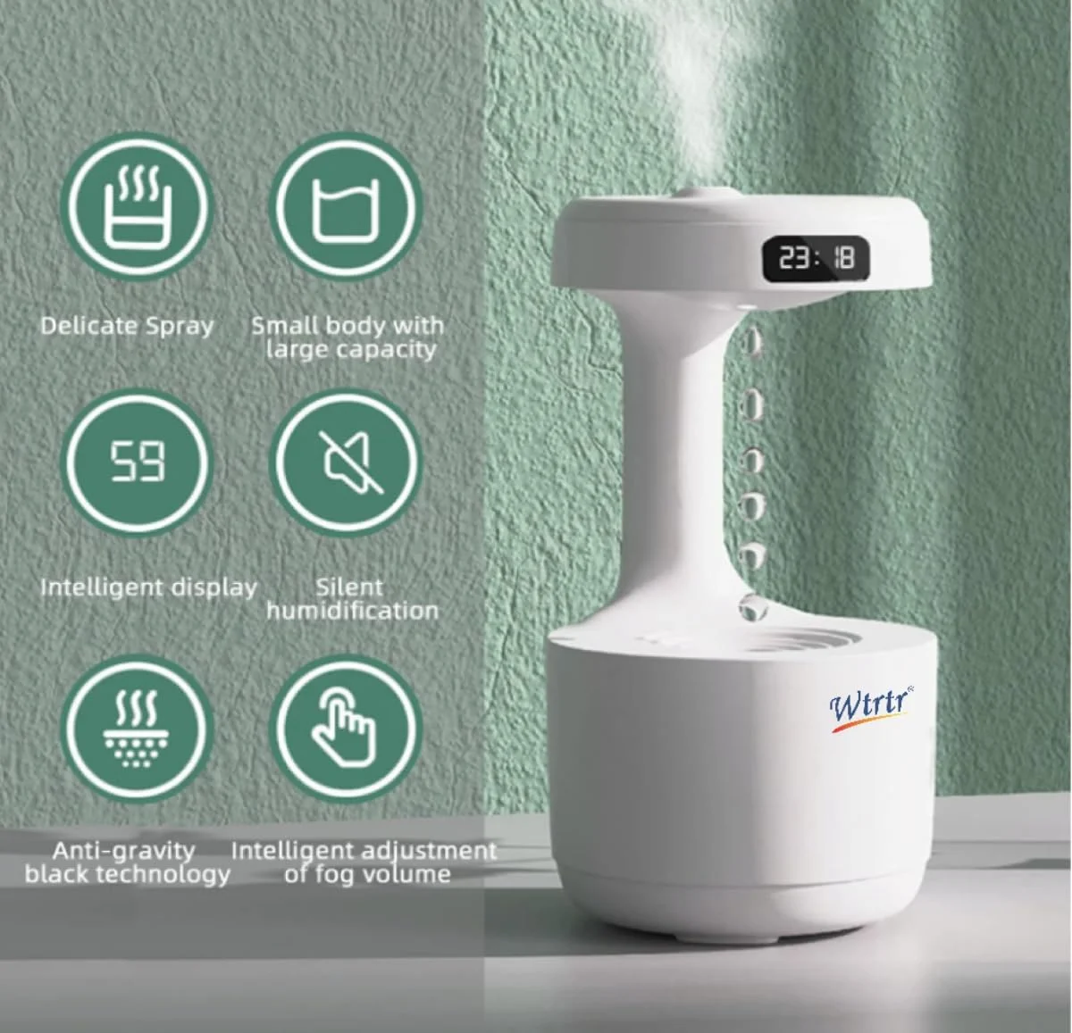 دستگاه رطوبت ساز ضد جاذبه Wtrtr، دستگاه رایحه درمانی برگشتی قطره آب، 800 میلی لیتر، USB