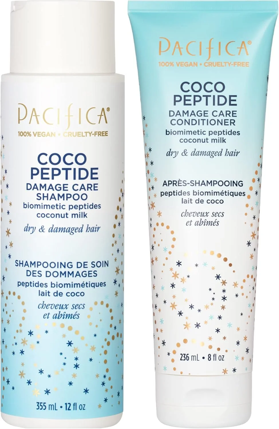 مجموعه شامپو و نرم کننده مراقبت از آسیب مو پسیفیکا بیوتی، کوکو پپتید، مناسب موهای خشک و آسیب دیده، ترمیم آسیب ناشی از دکلره، رنگ، خدمات شیمیایی و حرارت، نارگیل، پپتید، درمان موخوره و شکستگی