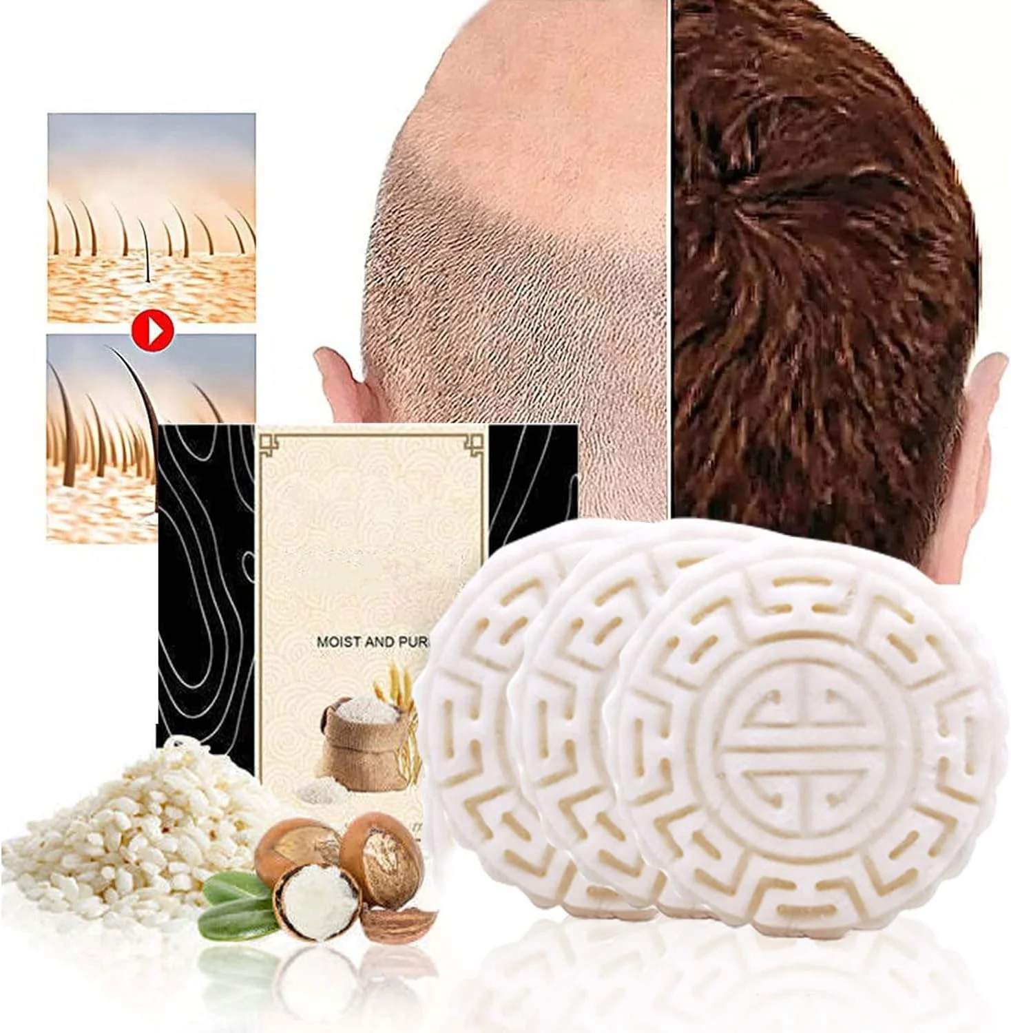 صابون شامپو برنج ضد ریزش مو Originpro، صابون شامپو دست ساز با آب برنج، عصاره آلوئه ورا و مواد طبیعی، برای رشد مو، صابون ترمیم موهای خشک و آسیب دیده (3 عدد)