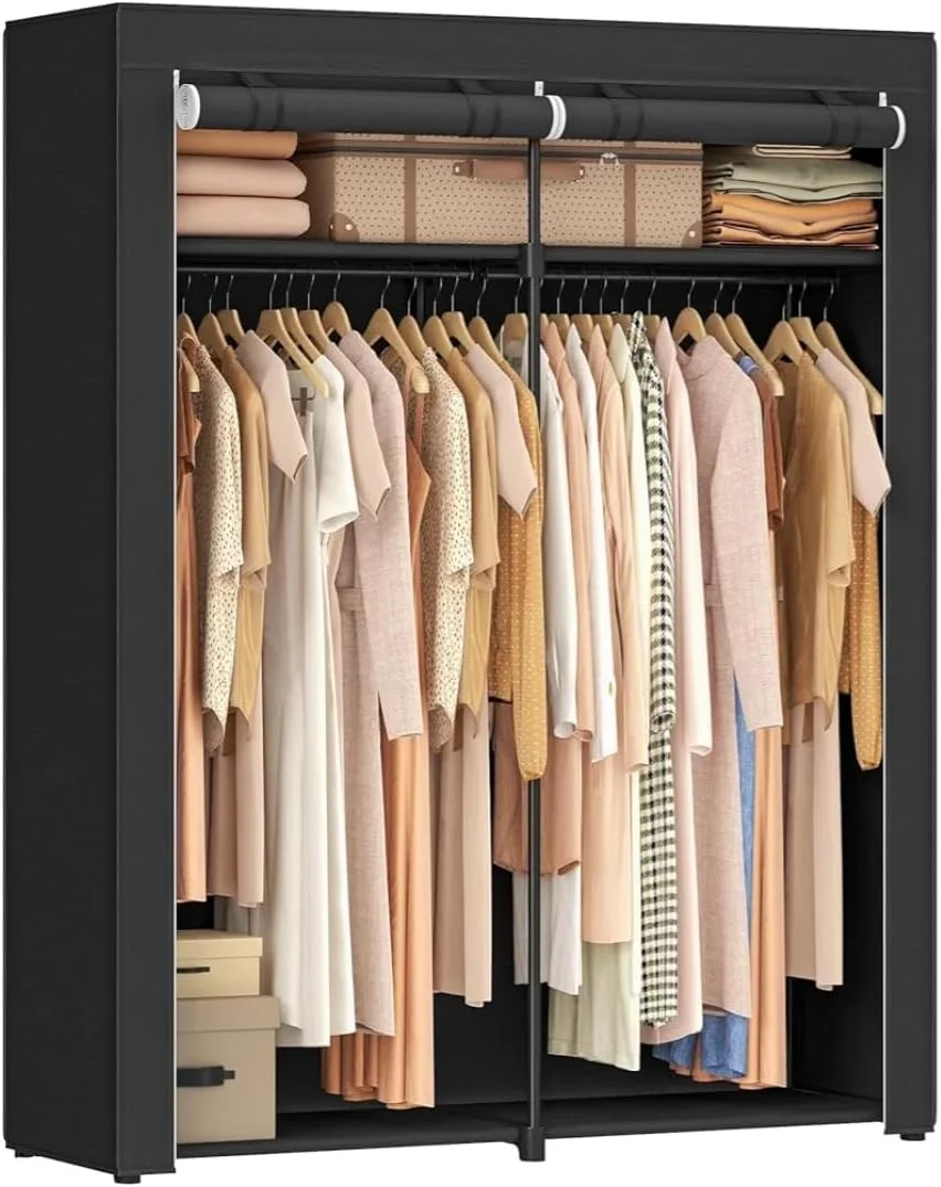 کمد لباس پارچه ای قابل حمل، سازمان دهنده بزرگ با میله آویز و قفسه، مشکی