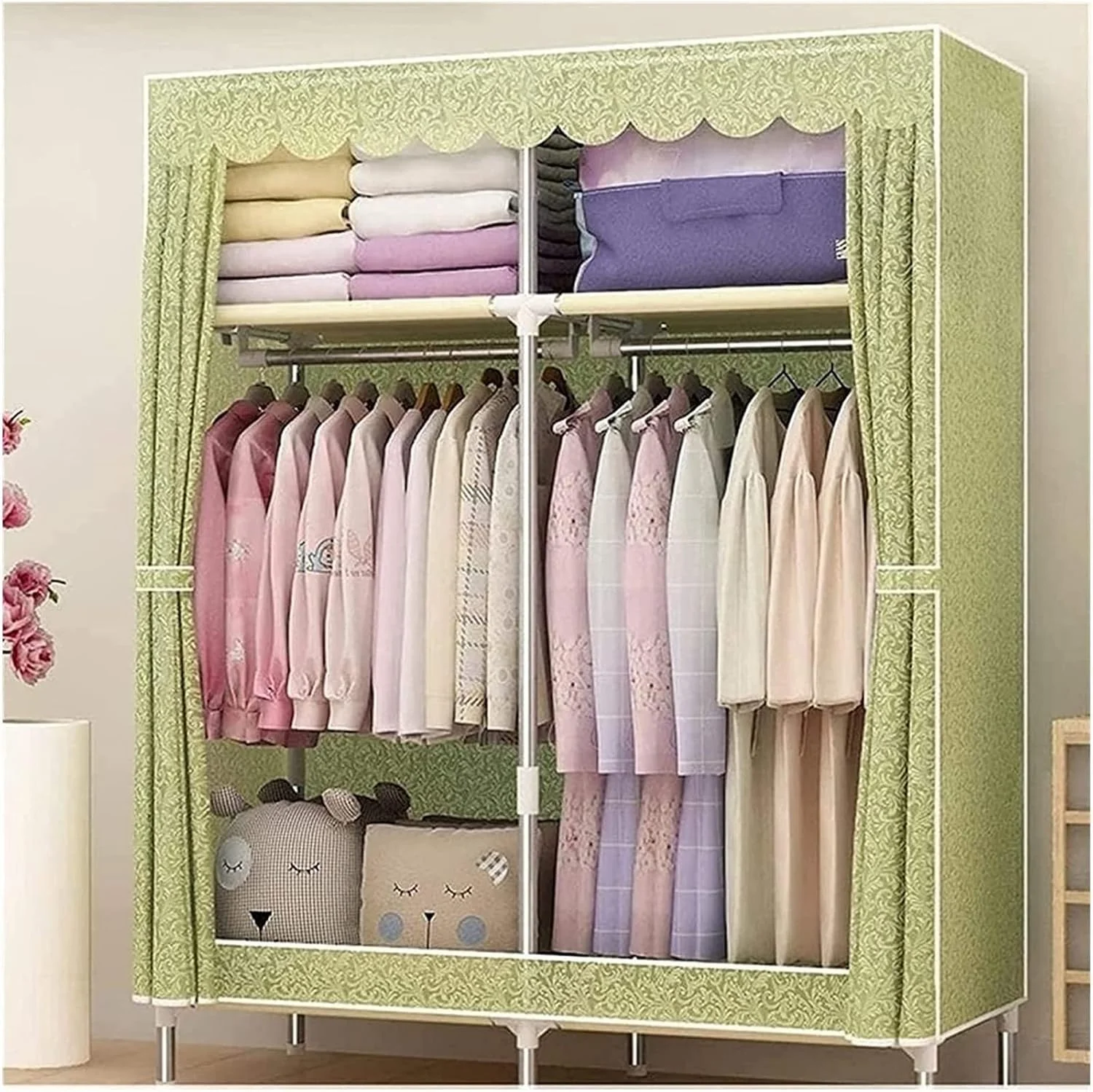 کمد لباس قابل حمل، کمد لباس پارچه ای، کمد اتاق خواب، کمد لباس ساده ترکیبی از فولاد و چوب، کمد لباس خانگی 106 * 45 * 170 سانتی متر، کمد لباس قابل حمل