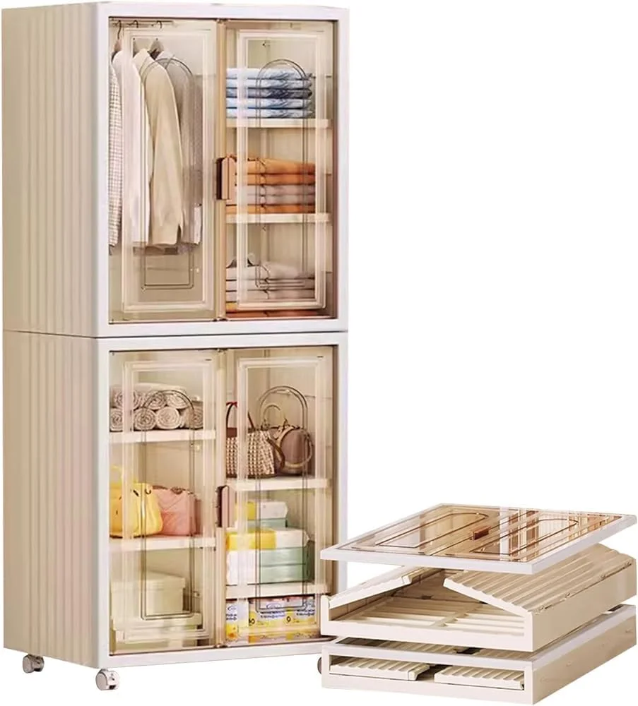 کمد لباس قابل حمل، سازمان دهنده ذخیره سازی کمد، کمد پلاستیکی، کمد تاشو با درب های مغناطیسی، میله آویز و چرخ (رنگ: C)